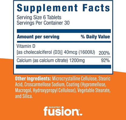 Bariatric Fusion Non Chewable Calcium Citrate with Vitamin D3 Tablet | Easy to Swallow Calcium Supplement | Calcium 1200 mg | 180 Tablets
