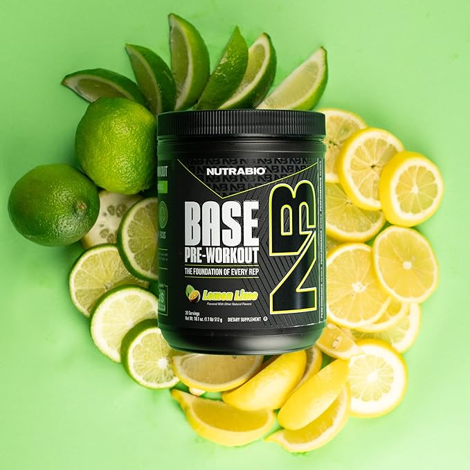 NutraBio Base Pre-Workout Sports Nutrition Powder - Sustained Energy, Mental Focus, Endurance, Hydration - Preworkout for Men and Women - Increase Energy- 30 Servings - Lemon Lime