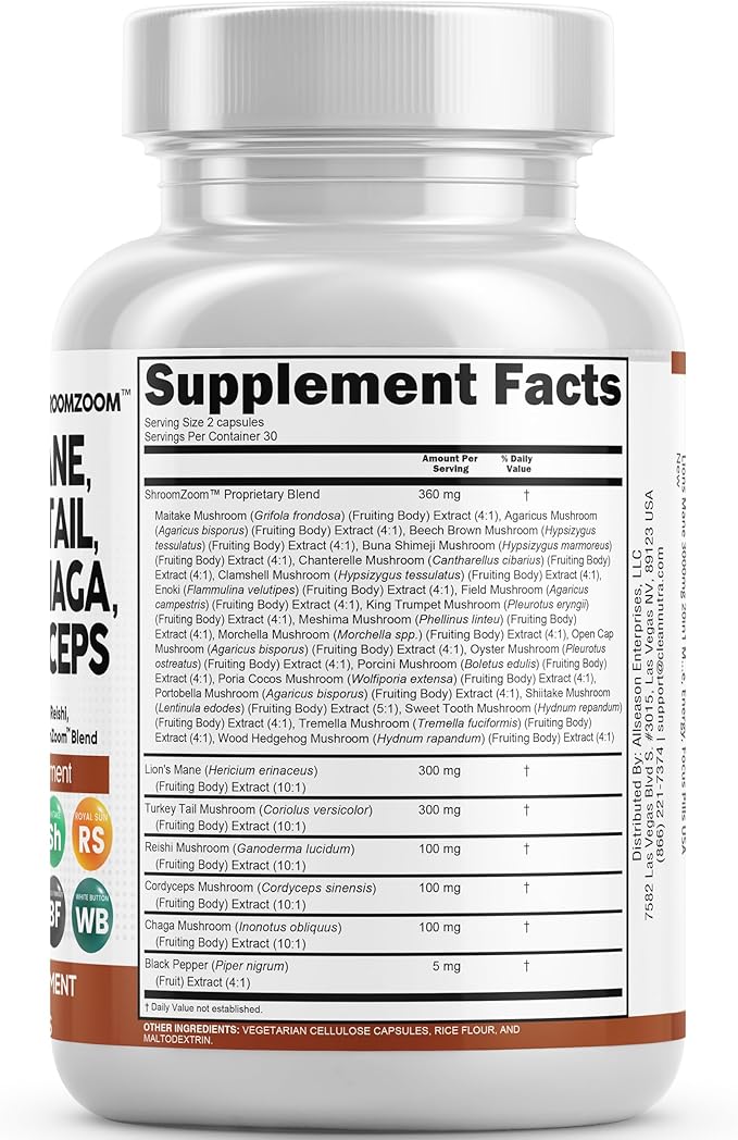 Clean Nutraceuticals Lions Mane 20in1 Mushroom Supplement with Turkey Tail Reishi Cordyceps Chaga Maitake Meshima Poria Cocos Shiitake Oyster Porcini Enoki - Pack