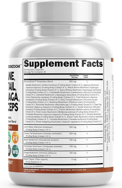 Clean Nutraceuticals Lions Mane 20in1 Mushroom Supplement with Turkey Tail Reishi Cordyceps Chaga Maitake Meshima Poria Cocos Shiitake Oyster Porcini Enoki - Pack