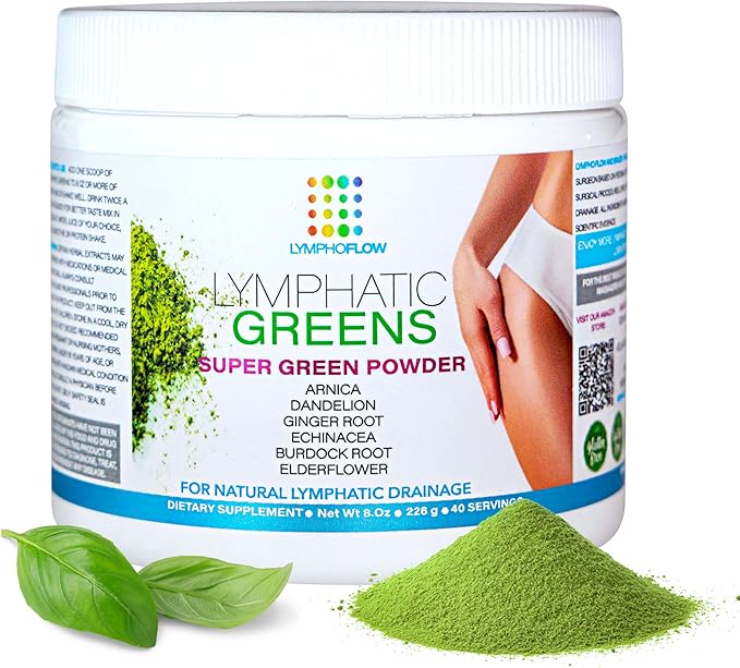 Lymphatic Greens: Superfood Powder Supplement, Vegan Greens Powder Supports Lymphatic System Health, Post Surgery Recovery for Liposuction, BBL & Lipedema, Body Detox, 8 OZ