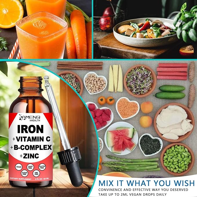 Liquid Iron Supplement w/Vitamin C, A, B-Complex, Vegan Iron Drops High Potency Liquid Vitamin & Iron Supplements for Women, Men & Children -Support Red Blood Cell, Energy, Anemia & Fatigue