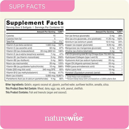 NatureWise Hair Skin and Nails Vitamin, Biotin 5000mcg w/Hyaluronic Acid, Collagen for Women with C, B Complex, D3, A, E, Iron - Non-GMO, Gluten Free - 150 Softgels[50-Day Supply]