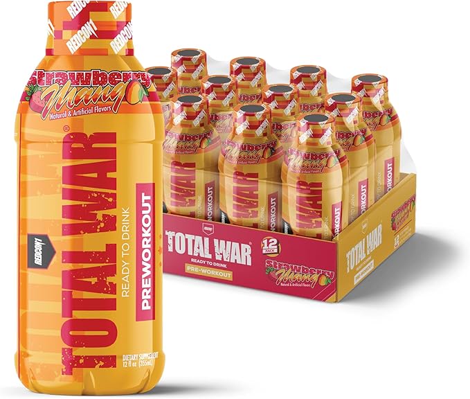 REDCON1 Total War Ready to Drink Pre Workout - Endurance Boosting, Keto Friendly RTD Formula - Amino Acid + Citrulline Malate Pre Workout Drink for Men & Women (Strawberry Mango, 12 Servings)