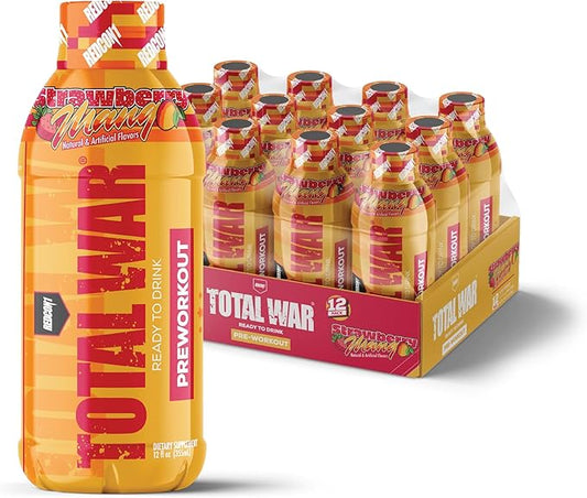 REDCON1 Total War Ready to Drink Pre Workout - Endurance Boosting, Keto Friendly RTD Formula - Amino Acid + Citrulline Malate Pre Workout Drink for Men & Women (Strawberry Mango, 12 Servings)