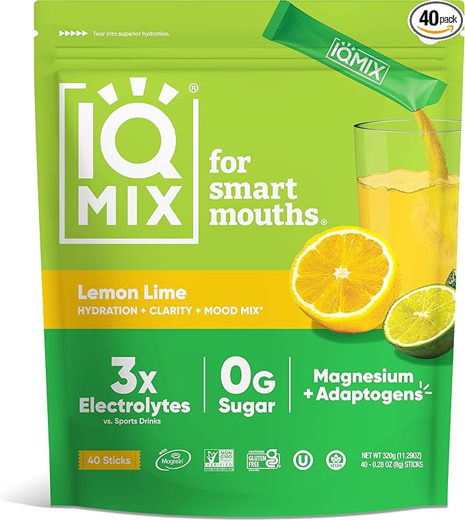 IQMIX Sugar Free Electrolytes Powder Packets - Hydration Supplement Drink Mix with Keto Electrolytes, Lions Mane, Magnesium L-Threonate, and Potassium Citrate - Lemon Lime (40 Count)