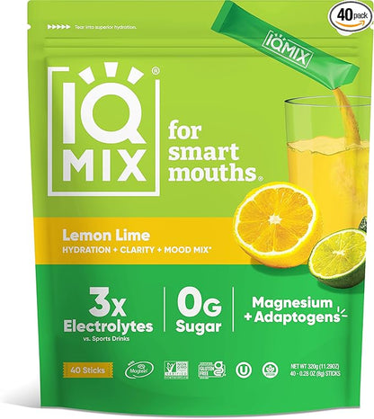 IQMIX Sugar Free Electrolytes Powder Packets - Hydration Supplement Drink Mix with Keto Electrolytes, Lions Mane, Magnesium L-Threonate, and Potassium Citrate - Lemon Lime (40 Count)