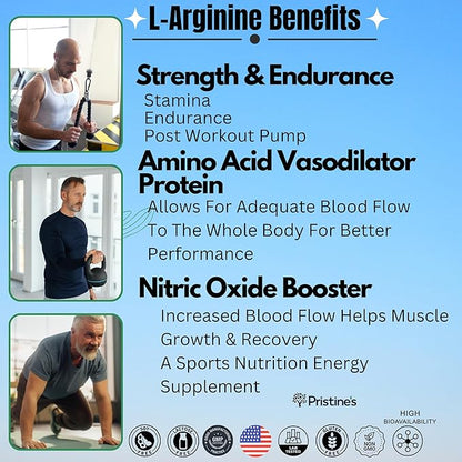 PRISTINE'S L Arginine Supplements for Men & Women - 1000mg Capsules 90 Day Supply Blood Flow & Pre Workout Amino Acid Support