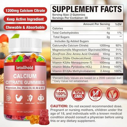 Calcium Citrate Gummies - 1200 mg Calcium Gummies with Magnesium Zinc Vitamins - Calcium Chews for Bone, Muscle, Joints, Immune Support, High Absorption Calcium Supplements for Women & Men 2 Packs