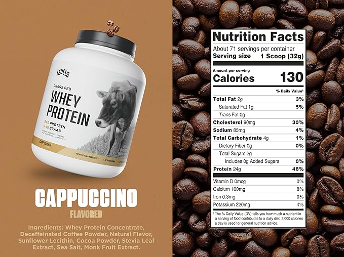 Levels Grass Fed Whey Protein Powder, No Artificials, 24G of Protein, Cappuccino, 5LB