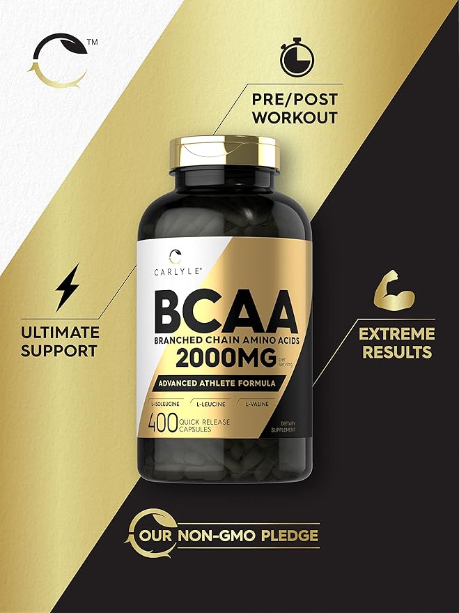 Carlyle BCAA Amino Acids Capsules | 2000mg | 400 BCAA Capsules | Non-GMO, Gluten Free Branch Chain Amino Acids Supplements