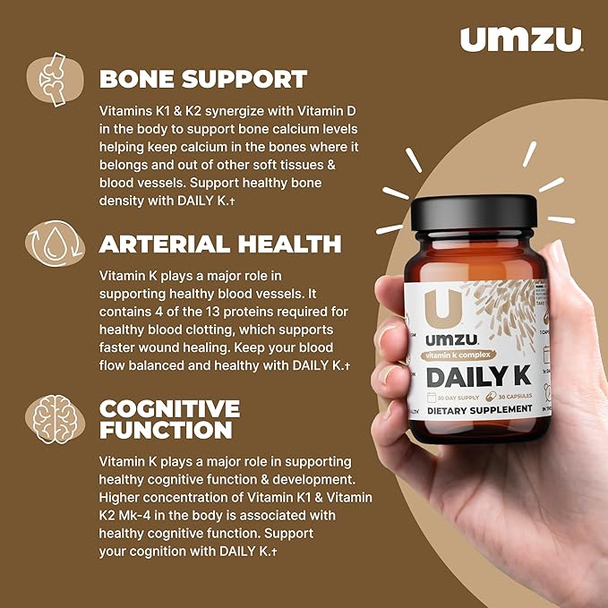 UMZU Daily K | Vitamin K Complex with K1, MK4 & MK7 | Support Bones, Cardiovascular Function, Blood Flow & Cognition w/Liquid D3 (30 Day Supply | 30 Capsules)