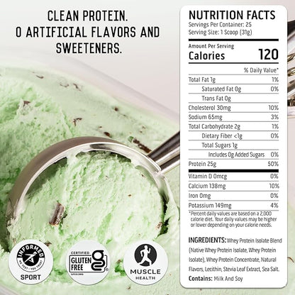 Ascent 100% Whey Protein Powder - Post Workout Whey Protein Isolate, Zero Artificial Flavors & Sweeteners, Gluten Free, 5.5g BCAA, 2.6g Leucine, Essential Amino Acids, Mint Chip 1.7 lb