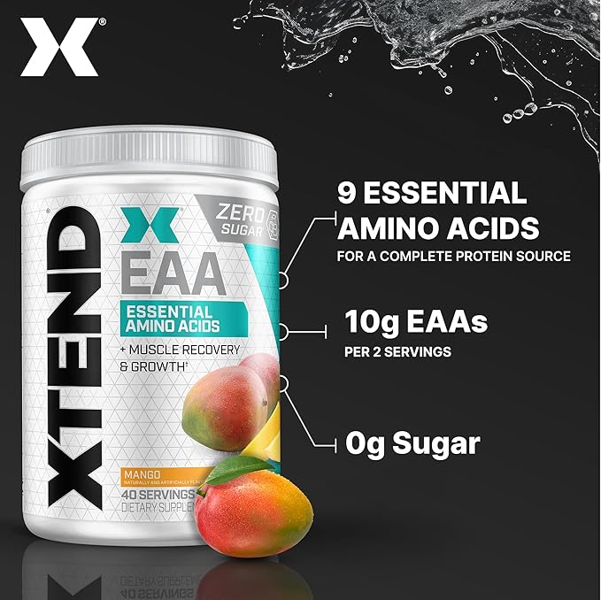 Scivation XTEND EAA + BCAA Powder | Muscle Recovery & Lean Muscle Growth | 9 Essential Amino Acids for Intra Workout or Post Workout Recovery | 10g EAAs Per 2 Servings | Mango 40 Servings