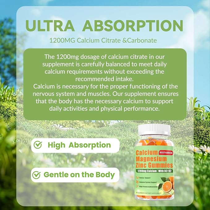 Calcium Magnesium Zinc Gummies for Adult: 1200mg Calcium Citrate 400mg Magnesium Glycinate with D3 B12 - Sugar Free High Absorption Supplement for Women Men (60 Count(Pack of 2))