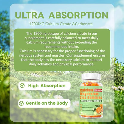 Calcium Magnesium Zinc Gummies for Adult: 1200mg Calcium Citrate 400mg Magnesium Glycinate with D3 B12 - Sugar Free High Absorption Supplement for Women Men (60 Count(Pack of 2))