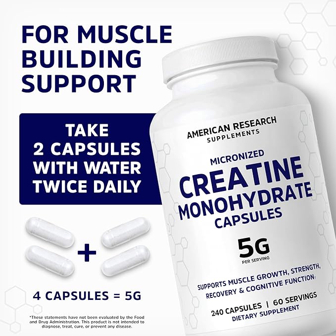 Creatine Monohydrate Capsules 5G | 60 Servings | Vegan | Micronized Creatine Pills 5000mg | 4 Capsules per Serving | 240 Capsules | Creatine Pills For Men & Women | Muscle Building | 2 Months Supply