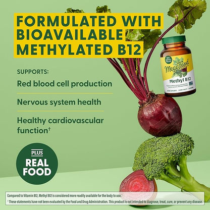 MegaFood Methyl B12 - Vegan - Includes Methyl Folate, Vitamin B12 & B6 - Supports Cellular Energy Production, Nervous System Health & Cardiovascular Function - 90 Tablets