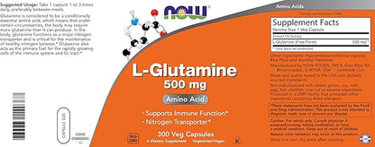 Now L-Glutamine 500mg 300 Veg Capsules - Non-GMO Supplement - Vegan Lglutamine Caps