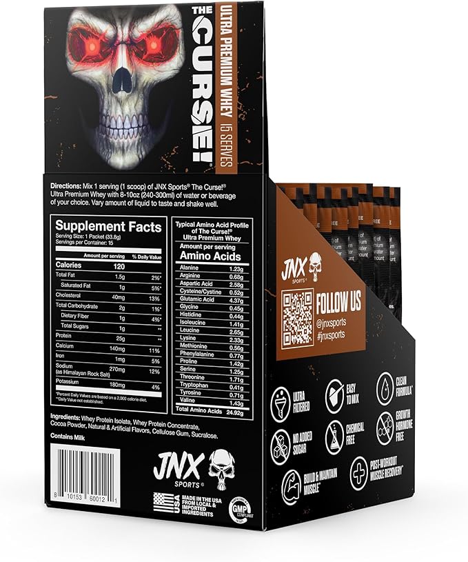 JNX SPORTS The Curse! Ultra Premium Whey Protein Powder Double Chocolate 15 Box Samples | 25g Protein Per Serve, Primary Source Whey Isolate