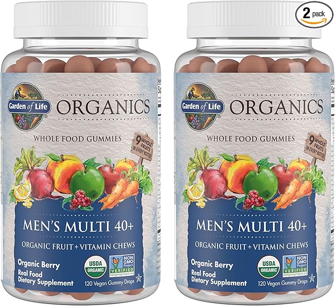 MyKind Organics Men's Multi 40+ Whole Food, Organic Vitamin Chews in Delicious Organic Berry (120 Vegan Gummy Drops) Pack of 2
