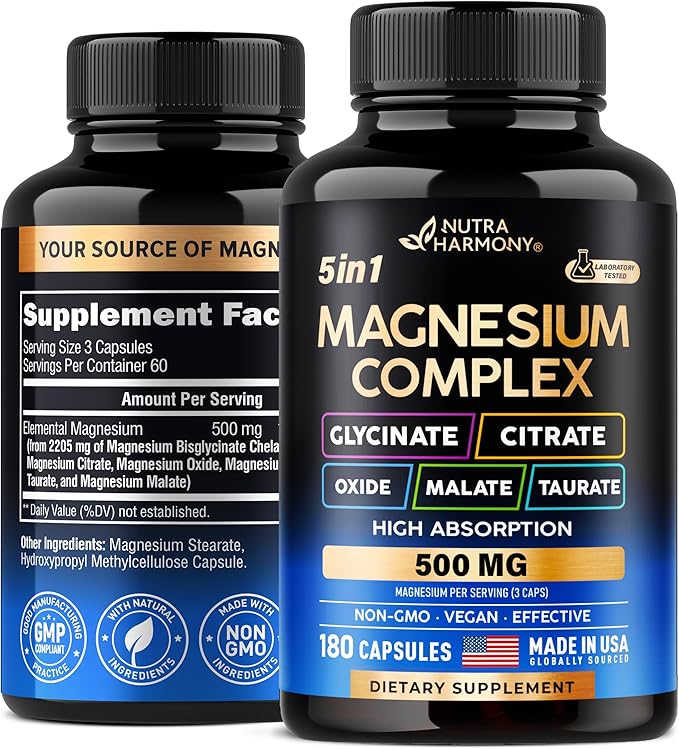 Magnesium Supplement - 5 in 1 Complex | Glycinate | Citrate | Malate | Taurate | Oxide - Made in USA - Stress, Muscle & Heart Support - Vegan, Natural, Non-GMO - 180 Capsules, 2 Month Supply