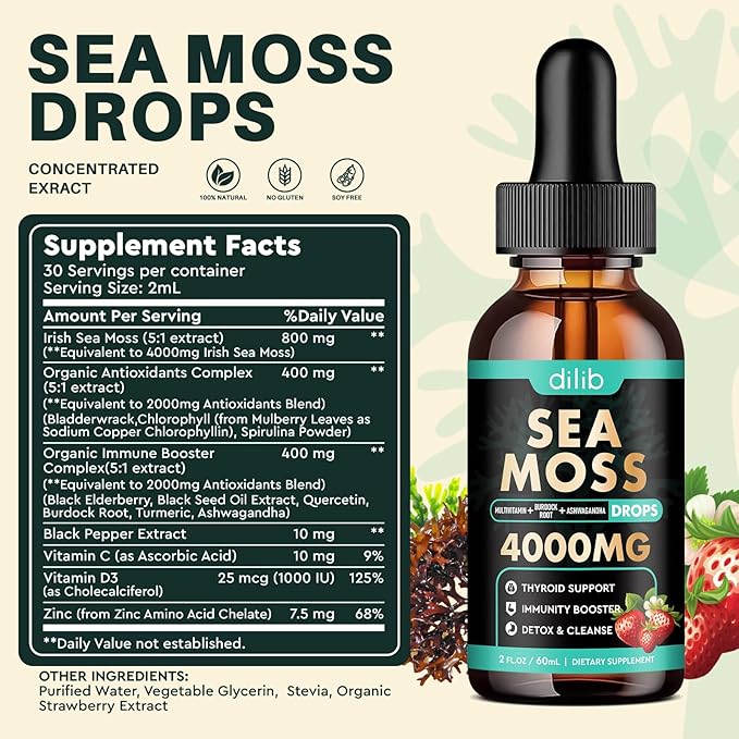 Irish Sea Moss Liquid Drops: Organic Sea Moss Supplement with Elderberry, Black Seed Oil, Turmeric, Quercetin - Detox Cleanse & Thyroid, Immune, Joint, Skin Support for Women & Men - Strawberry Flavor