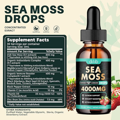 Irish Sea Moss Liquid Drops: Organic Sea Moss Supplement with Elderberry, Black Seed Oil, Turmeric, Quercetin - Detox Cleanse & Thyroid, Immune, Joint, Skin Support for Women & Men - Strawberry Flavor