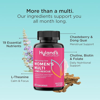 Hyland's Total Loving Care Multivitamin for Women + PMS Rescue - 60 Vegan Capsules - with L-Theanine for Focus & Stress Relief Support with Chasteberry & Dong Quai for Menstrual Support