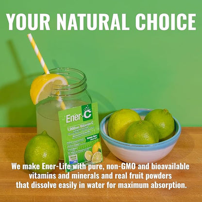 Ener-C Lemon Lime Multivitamin Drink Mix Powder Vitamin C 1000mg & Electrolytes with Real Fruit Juice Natural Energy & Immune Support for Women & Men - Non-GMO Vegan & Gluten Free - 60 Count