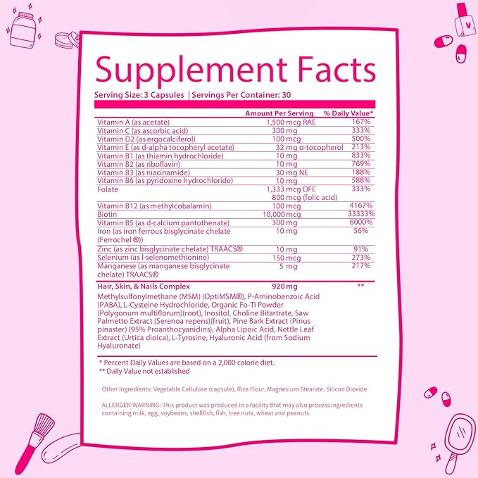 Glow Vitamins - Hair Skin and Nails Multivitamin Supplement - 10,000mcg Biotin Pills with Hyaluronic Acid, Folate, Iron, Magnesium, and Zinc - Boosts Collagen Production, Hair Growth, 90 Capsules