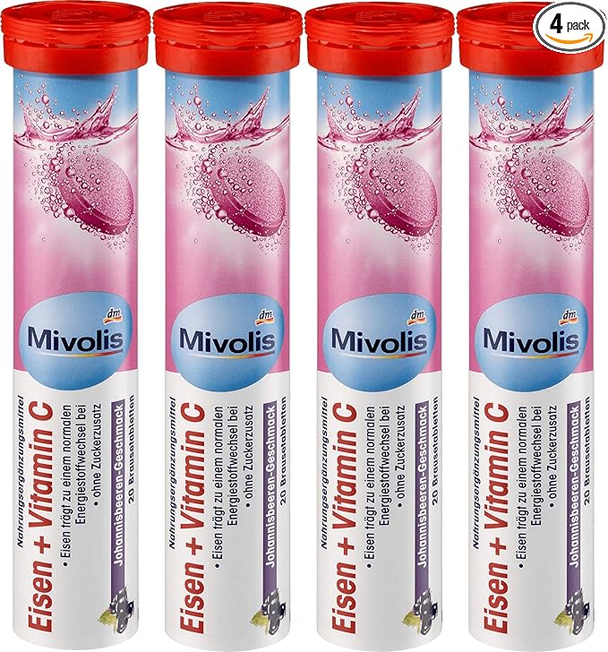 Mivolis Iron + Vitamin C effervescent Tablets - Dietary Supplements 4 Packs x 20 pcs | Germany