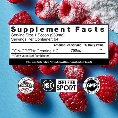 Creatine HCl Powder | Muscle, Cognitive, Cellular Energy Support | No Bloating or Cramps | USA Made & NSF Certified | Raspberry (64 Serving)