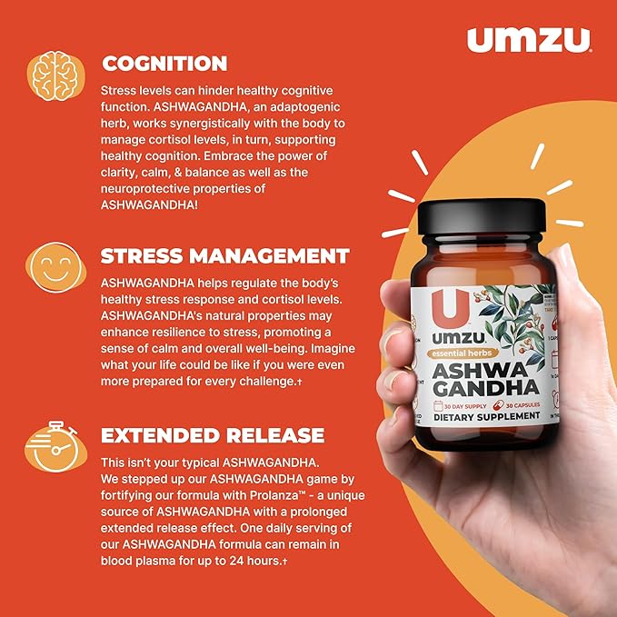 UMZU Ashwagandha Advanced Stress & Cortisol Support Supplement, Memory, Focus, Cognition, 24-Hour Extended Release (30 Day Supply | 30 Capsules)