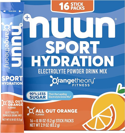 Nuun Sport Electrolyte Powder Packets - All Out Orange, 5 Essential Electrolytes for Hydration, Exclusive Orangetheory Fitness Flavor, 1g Sugar, Non GMO, Vegan, 16 Single Serving Sticks