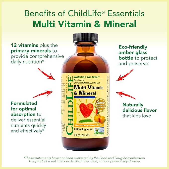 CHILDLIFE ESSENTIALS Kids Multivitamin & Mineral - Kids Vitamins, Liquid Multivitamin for Kids, Toddler Multivitamins, Liquid Vitamins, Baby Multivitamin - Natural Orange & Mango, 8 Fl Oz (Pack of 4)