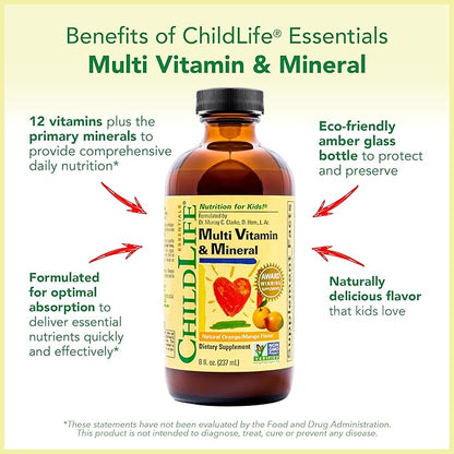 CHILDLIFE ESSENTIALS Kids Multivitamin & Mineral - Kids Vitamins, Liquid Multivitamin for Kids, Toddler Multivitamins, Liquid Vitamins, Baby Multivitamin - Natural Orange & Mango, 8 Fl Oz (Pack of 1)