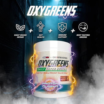 EHP Labs x Ghostbusters OxyGreens Super Greens Powder - Spirulina & Chlorella Superfood, Green Juice Powder with Prebiotic Fibre, Antioxidants & Immunity Support, 30 Serves (Proton Plasma)