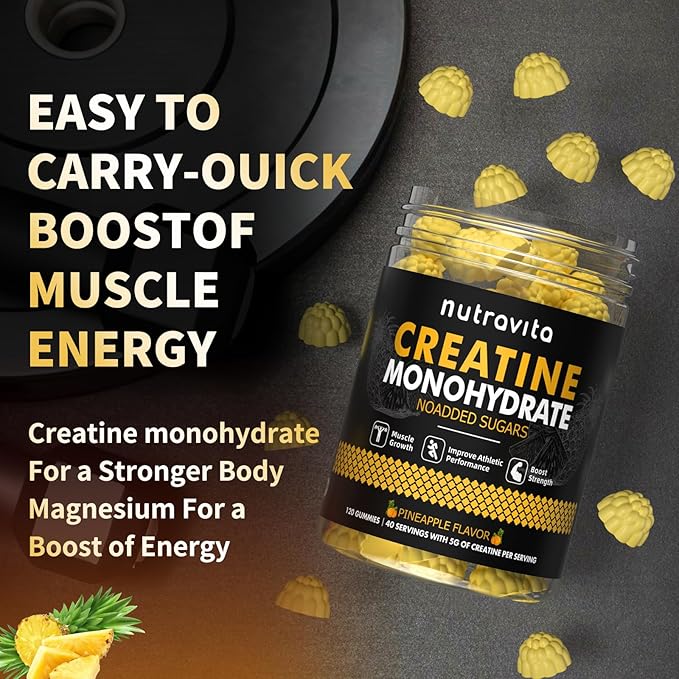 Creatine Monohydrate Gummies for Men & Women-5g of Creatine Monohydrate per Serving - Sugar Free,Vegan,Pineapple Flavor, 120 Count