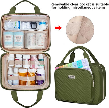 Leudes Travel Pill Bottle Organizer,Medicine Organizer and Storage,Home Medication Bag, Cases,Carrier for Pills,Vitamin,Fish Oil,Supplements for Women and Men (Medium, Army Green)