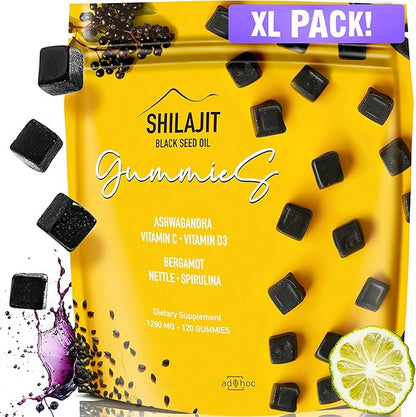 1280mg Gold Shilajit Gummies with Black Seed Oil, Ashwagandha, Spirulina, Vitamins C & D3 - Himalayan Shilajit for Men Women, Immune & Energy Support, Vegan Supplement, 120 Ct