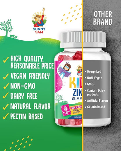 Zinc Gummies for Kids - Chewable Zinc Gummy Supplement for Children Immune Support - Low Sugar Natural Antioxidant Non-GMO Zinc Vitamin Chewables for Toddlers & Teens
