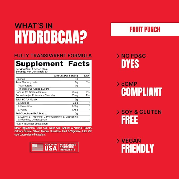 ProSupps HydroBCAA BCAA/EAA Full Spectrum Matrix, 7g BCAAs, 3g EAAs, 0g Sugar, 0g Carbs, (30 Servings, Fruit Punch Flavor)