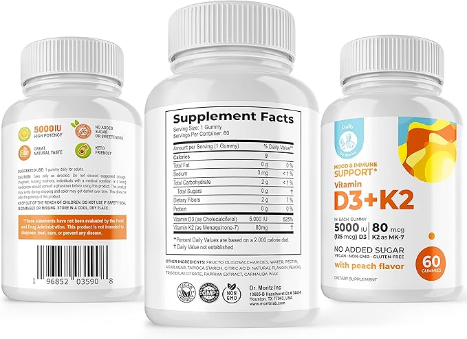 DR. MORITZ Vitamin D3 K2 Gummies 5000 IU - Sugar-Free VIT D Gummy Supplement for Immune Support & Healthy Bones * - High-Absorption, Vegan, Gluten-Free Chewable Gummies for Adults & Kids