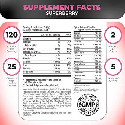 Nutrology TRIPACT Protein Powder, Superberry 7-in-1 Meal Replacement Shake with Grass Fed Whey Protein Powder, Greens, Probiotics & BCAAs, 40 Servings