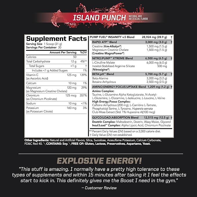 PMD Sports Ultra Pump Fuel - Pre Workout Drink Mix - Energy, Strength, Endurance, Recovery - Complex Carbohydrates and Amino Energy - Island Punch (30 Servings)