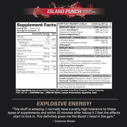 PMD Sports Ultra Pump Fuel - Pre Workout Drink Mix - Energy, Strength, Endurance, Recovery - Complex Carbohydrates and Amino Energy - Island Punch (30 Servings)