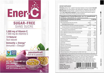 Ener-C Sugar Free Energy Passion Fruit Multivitamin Drink Mix Vitamin C 1000mg & Electrolytes - Natural Immunity Support with Real Fruit Juice Powders - Non-GMO Vegan & Gluten Free - 60 Count
