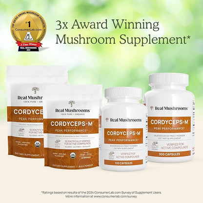 Real Mushrooms Cordyceps Capsules - Performance Mushroom Extract Supplement with Organic Cordyceps Militaris for Energy & Immune Support - Vegan Cordyceps Mushroom Supplement, Non-GMO, 300 Caps