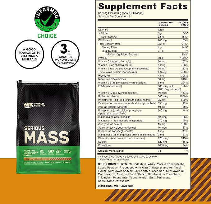 Optimum Nutrition Serious Mass, Weight Gainer Protein Powder, Mass Gainer, Vitamin C and Zinc for Immune Support, Creatine, Chocolate Peanut Butter, 12 Pound (Packaging May Vary)